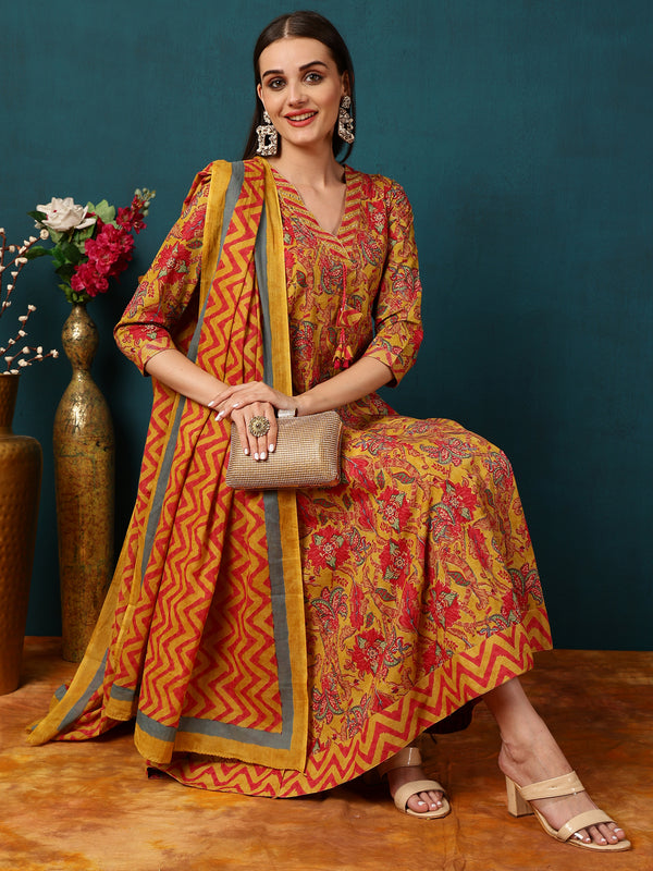 Cotton  Calf length Length Floral  Semi-Flared 3/4 Sleeves V  Kurta Bottom Dupatta Set
