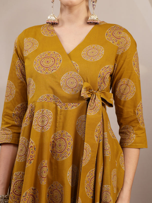 Gulmohar Jaipur Cotton Calf Length Printed 3/4 Sleeve V-Neck Anarkali Kurta Suit Set