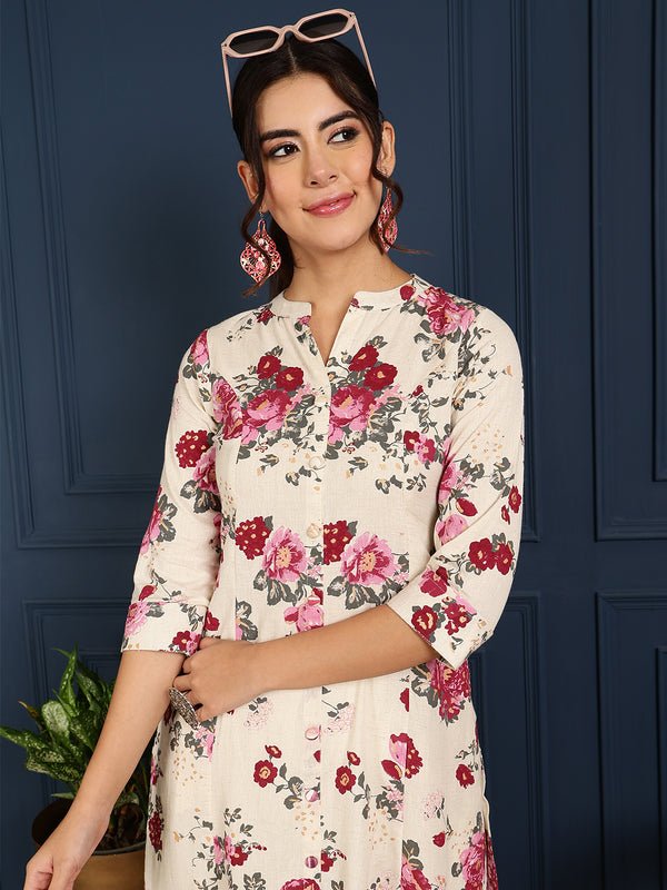 Pink Cotton Flex Calf Length Printed Mandarin  A-Line Coller Kurta