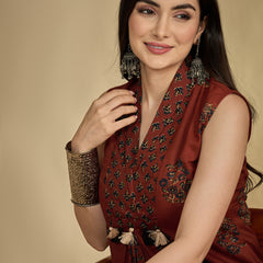 Gulmohar Jaipur Cotton Calf Length Printed Sleeveless Collard Straight Kurta Suit Set