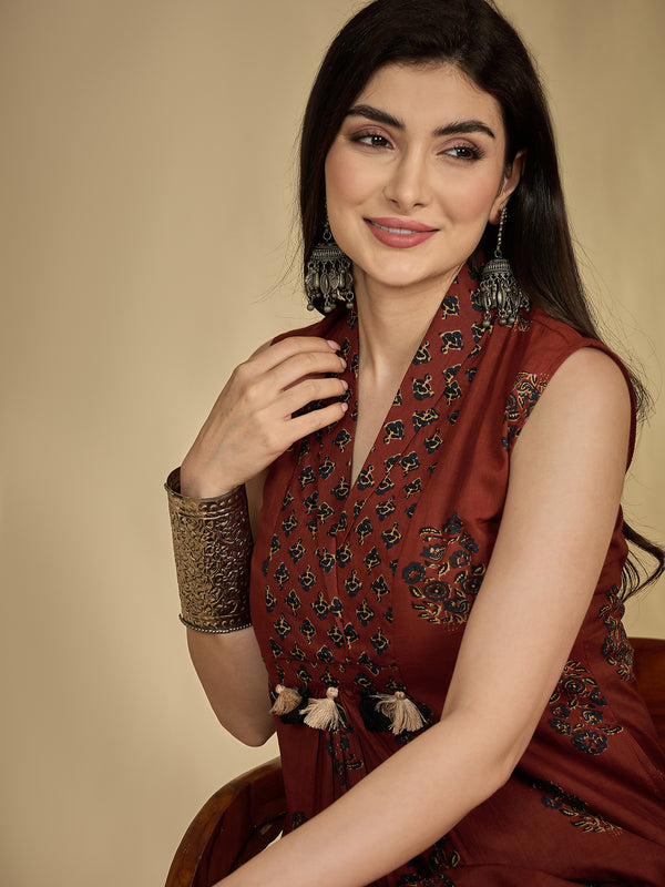 Gulmohar Jaipur Cotton Calf Length Printed Sleeveless Collard Straight Kurta Suit Set