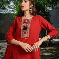 Gulmohar Jaipur Rayon Knee Length Solid 3/4 Sleeve Round Neck Asymmetrical Kurta Suit Set