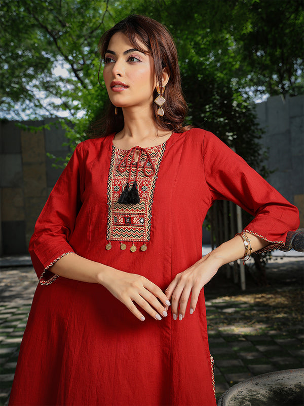 Gulmohar Jaipur Rayon Knee Length Solid 3/4 Sleeve Round Neck Asymmetrical Kurta Suit Set
