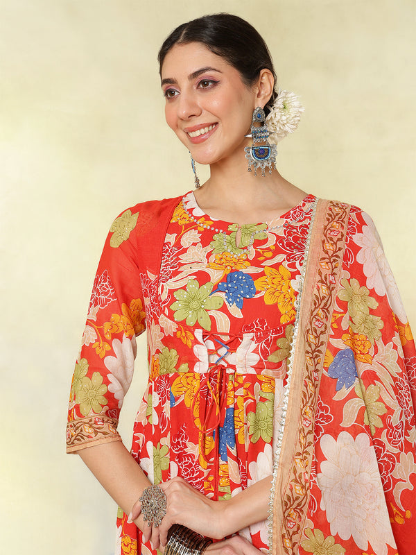 Blue Pure Cotton Printed Hand-Work Anarkali Kurta Suit Set