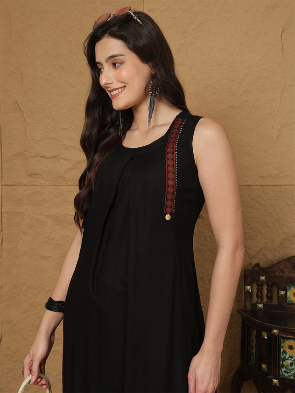 Black Rayon Calf Length Solid  Round Neck A-line Kurta