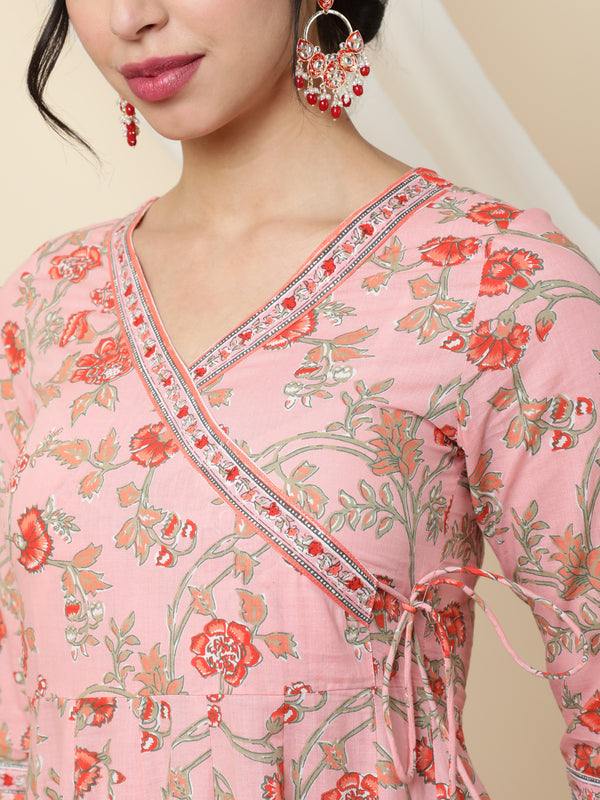 Cotton Ankle Length Printed Flared 3/4 Sleeves V-Neck Kurta