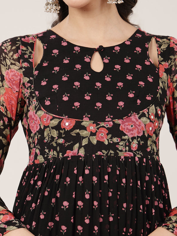 Malmal Calf Length Printed Full Sleeve Key Hole Neck Flared Kurta Suit Set