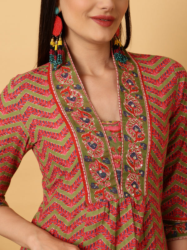 Green Cotton Calf Length A-Line V-Neck Kurta