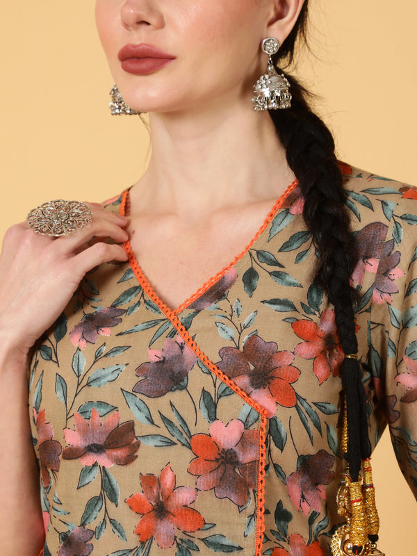 Cotton  Calf Length Printed Straight 3/4 Sleeves V-Neck Kurta
