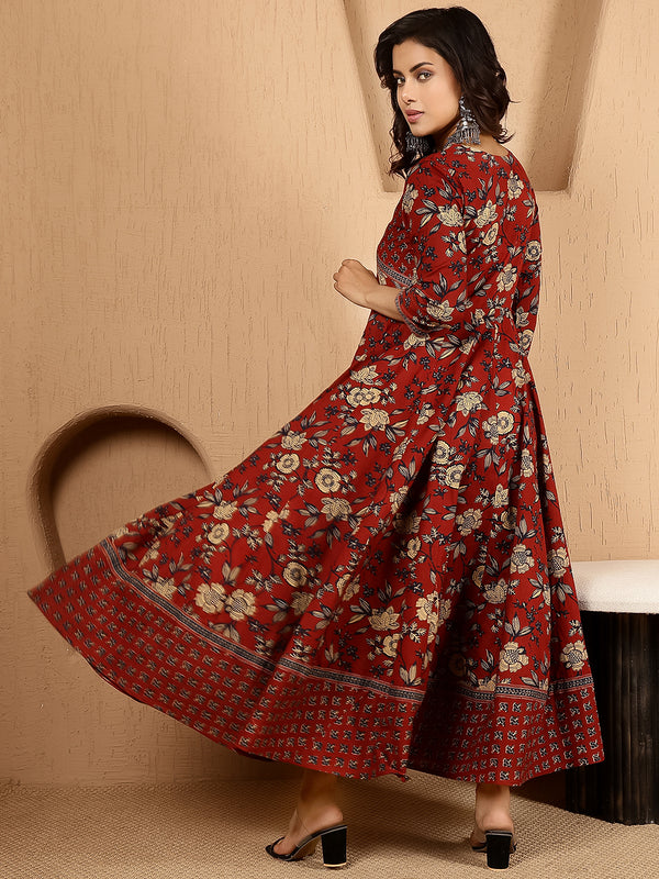 Maroon Rayon Ankle Length Printed V-Neck Flared Gown