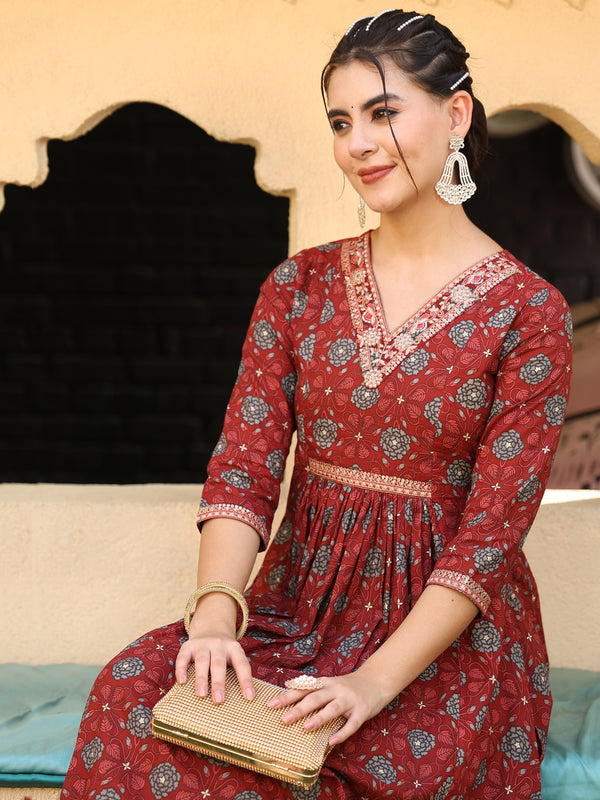 Maroon Cotton Calf Length Printed Semi-Flared V-Neck Kurta