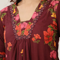 Rayon Calf Length Printed 3/4 Sleeve V-Neck Flared Kurta