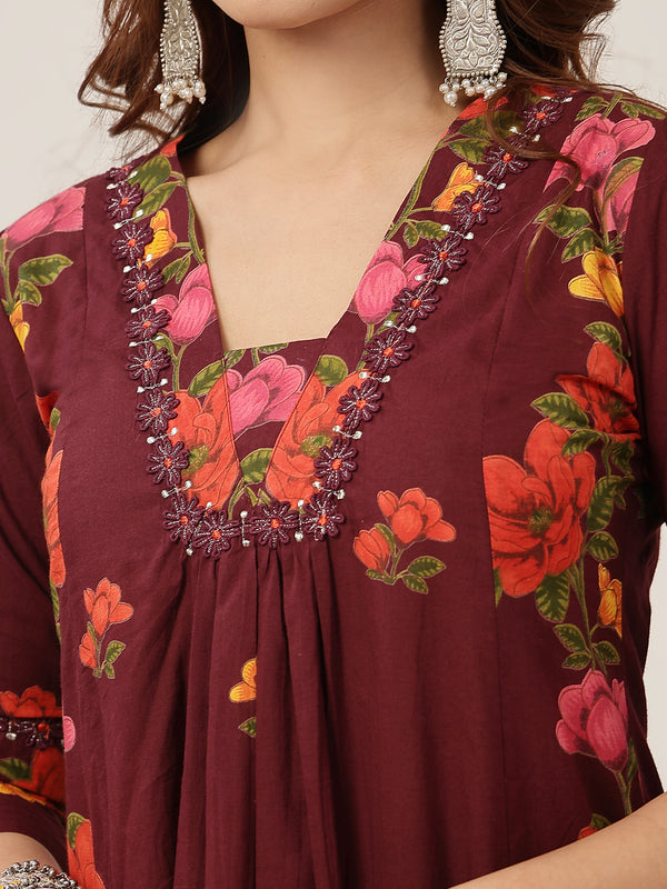 Rayon Calf Length Printed 3/4 Sleeve V-Neck Flared Kurta