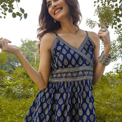 Gulmohar Jaipur Cotton Knee Length Printed Strappy Sleeve V-Neck Flared Dress