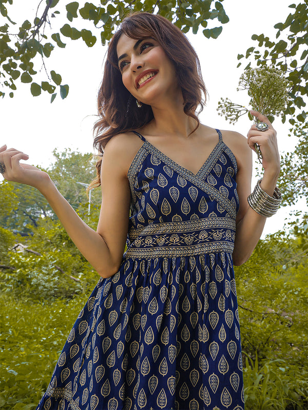 Gulmohar Jaipur Cotton Knee Length Printed Strappy Sleeve V-Neck Flared Dress