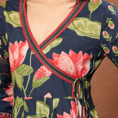 Cotton Ankle Length Printed 3/4 Sleeves V-Neck Flared Kurta