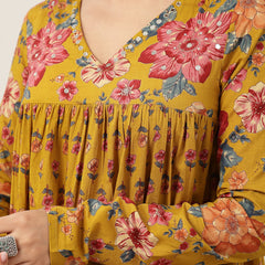 Cotton Calf Length Printed Full Sleeve V-Neck Flared Kurta Suit Set
