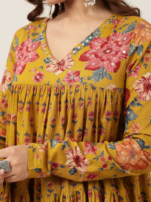 Cotton Calf Length Printed Full Sleeve V-Neck Flared Kurta Suit Set