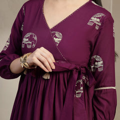 Gulmohar Jaipur Rayon Hip Length Printed 3/4 Sleeves V-Neck Flared Top