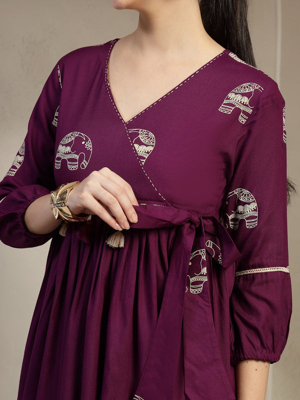 Gulmohar Jaipur Rayon Hip Length Printed 3/4 Sleeves V-Neck Flared Top