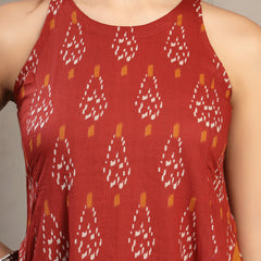 Cotton Calf Length Printed Sleeveless Round Neck Flared Kurta Suit Set