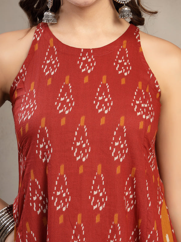 Cotton Calf Length Printed Sleeveless Round Neck Flared Kurta Suit Set