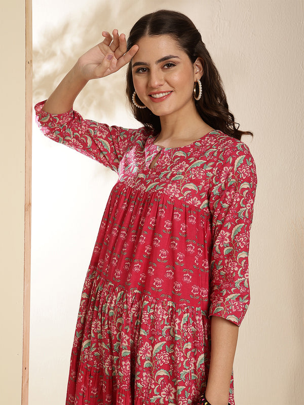 Pink Pure Cotton Printed 3/4 Sleeves Key Hole Neck Anarkali Gown