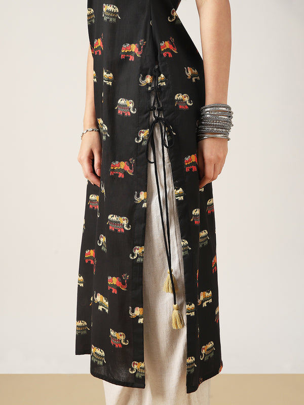 Rayon Calf Length Printed Sleeveless Strappy Straight Kurta