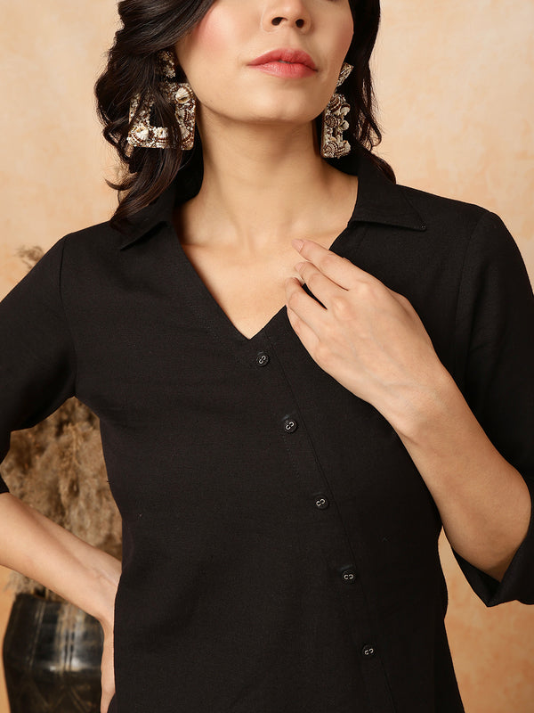 Black Cotton Flex Short/Hip Length Solid Shirt Coller Asymmetrical Top