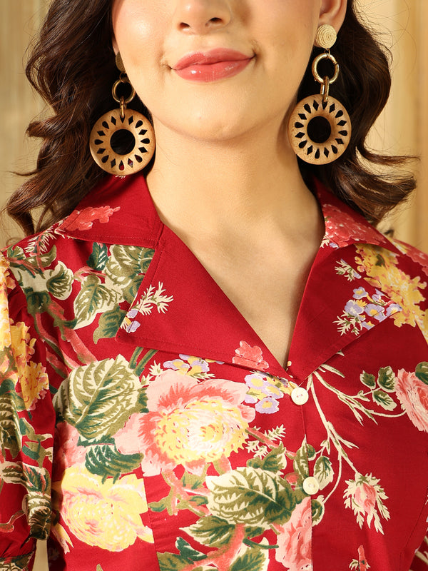 Maroon  Cotton Hip Length Printed Shirt Collar Flared Top Palazzo Set