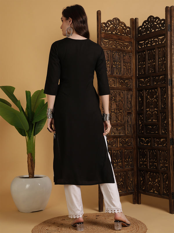 Maroon Cotton Calf Length Printed Straight Round Neck Kurta Black Rayon Embroidered Calf Length Solid Straight Round Neck Kurta