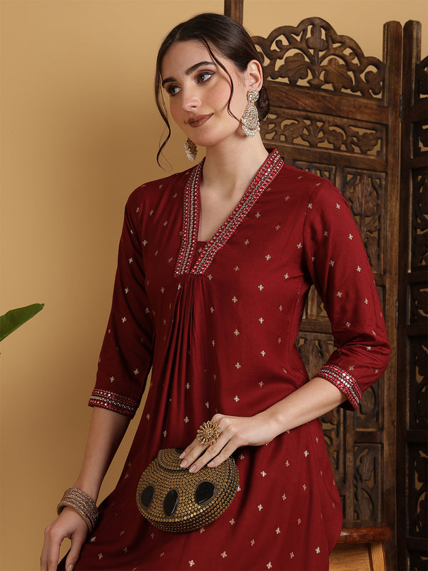Rayon Calf Length Solid Semi-Flared V-Neck Kurta