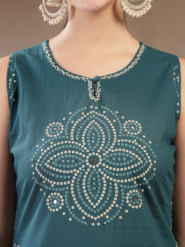 Gulmohar Jaipur Cotton Calf Length Printed Sleeveless Round Neck Straight Kurta Suit Set