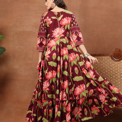 Cotton Ankle Length Printed 3/4 Sleeves V-Neck Flared Kurta