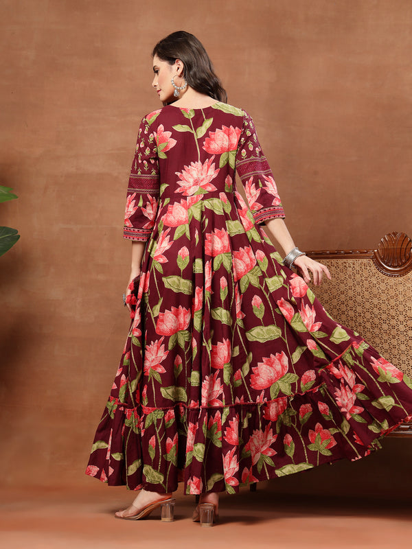 Cotton Ankle Length Printed 3/4 Sleeves V-Neck Flared Kurta