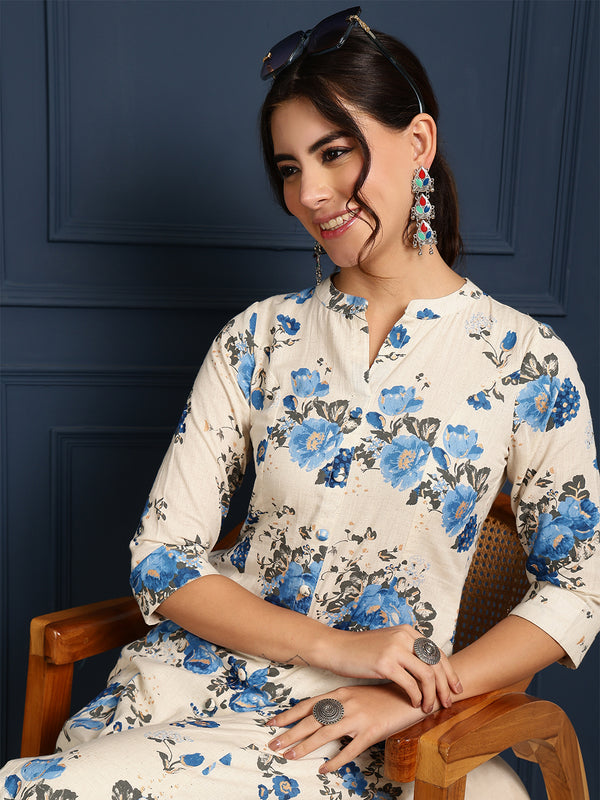 Blue Cotton Flex Calf Length Printed Mandarin  A-Line Coller Kurta