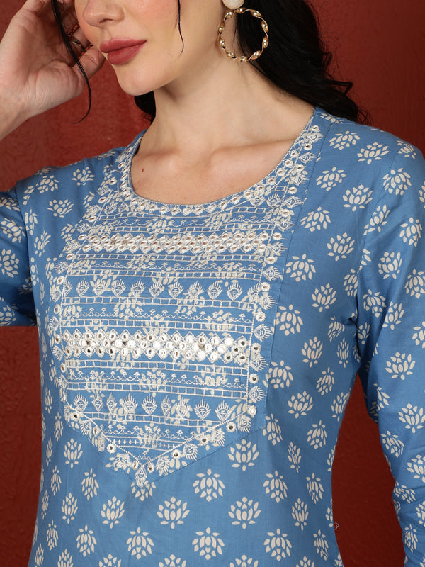 Cotton Calf Length Printed Straight 3/4 Sleeves Round Kurta