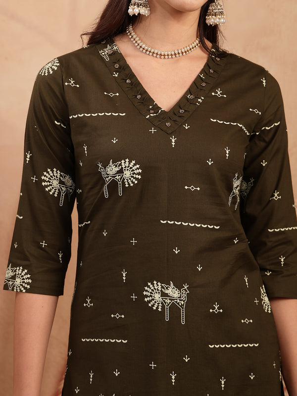 Gulmohar Jaipur Rayon Calf Length Printed 3/4 Sleeves V-Neck Straight Kurta Suit Set