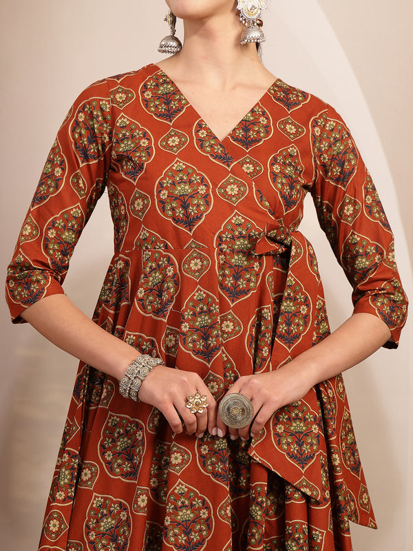 Gulmohar Jaipur Cotton Calf Length Printed 3/4 Sleeves V-Neck Anarkali Kurta Suit Set