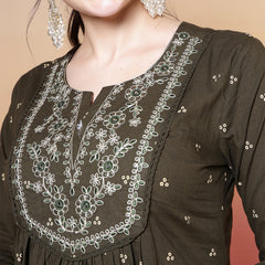 Cotton Calf Length Printed 3/4 Sleeves Round Neck Semi-Flared Kurta Suit Set