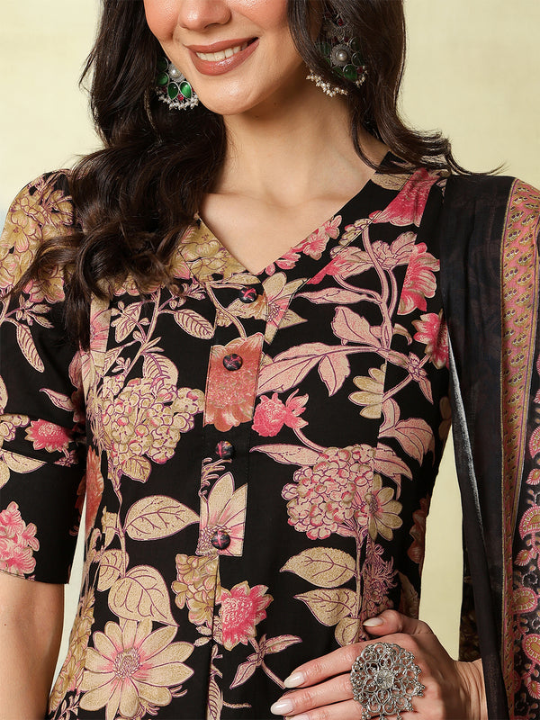 Black Cotton Calf Length Printed Flared V-Neck Kurta Suit Set