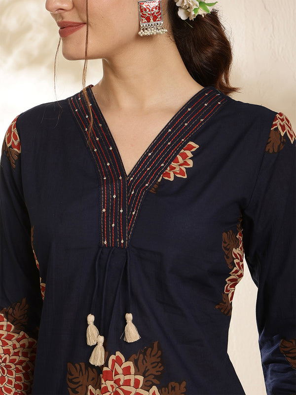 Maroon Pure Cotton Printed 3/4 Sleeves V-Neck Straight Kurta Suit Set