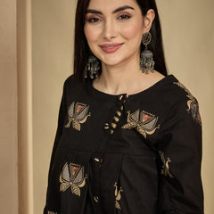 Gulmohar Jaipur Rayon Hip Length Printed 3/4 Sleeves Round Neck Flared Top