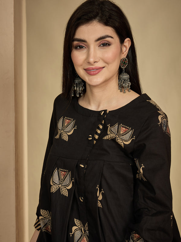 Gulmohar Jaipur Rayon Hip Length Printed 3/4 Sleeves Round Neck Flared Top