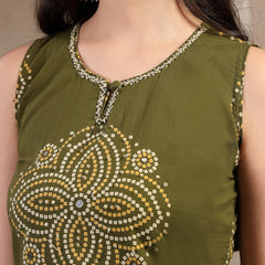 Gulmohar Jaipur Cotton Calf Length Printed Sleeveless Round Neck Straight Kurta Suit Set