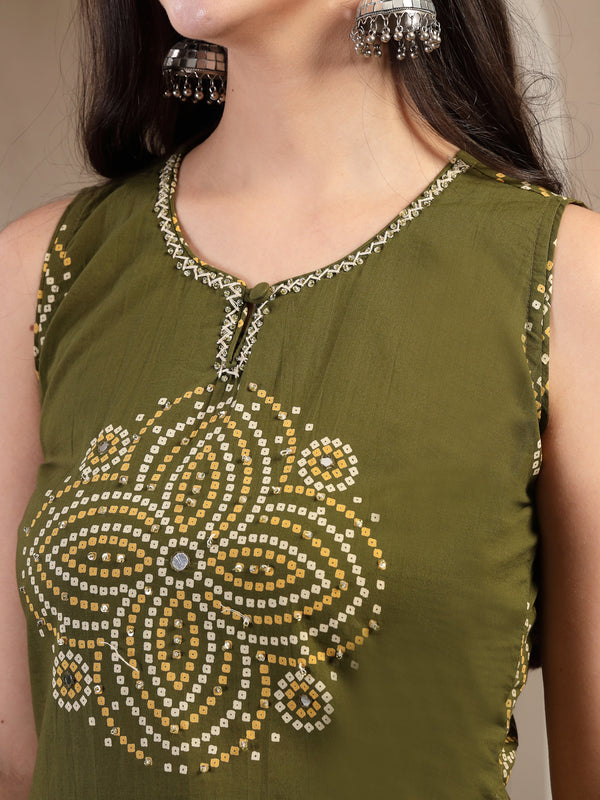 Gulmohar Jaipur Cotton Calf Length Printed Sleeveless Round Neck Straight Kurta Suit Set