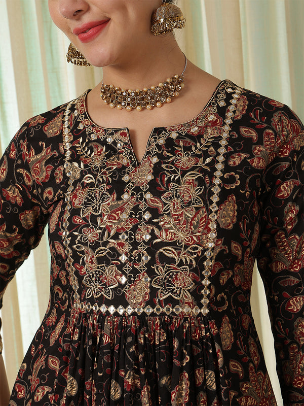 Black Cotton Calf Length Printed Round Neck Anarkali Kurta Suit Set