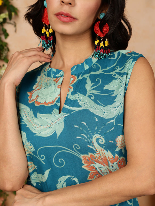 Firozi Rayon Calf Length Printed Mandarin Neck Straight Kurta Palazzo Set