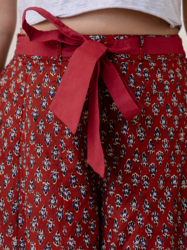 Maroon Cotton Calf Length Printed Flared Palazzo