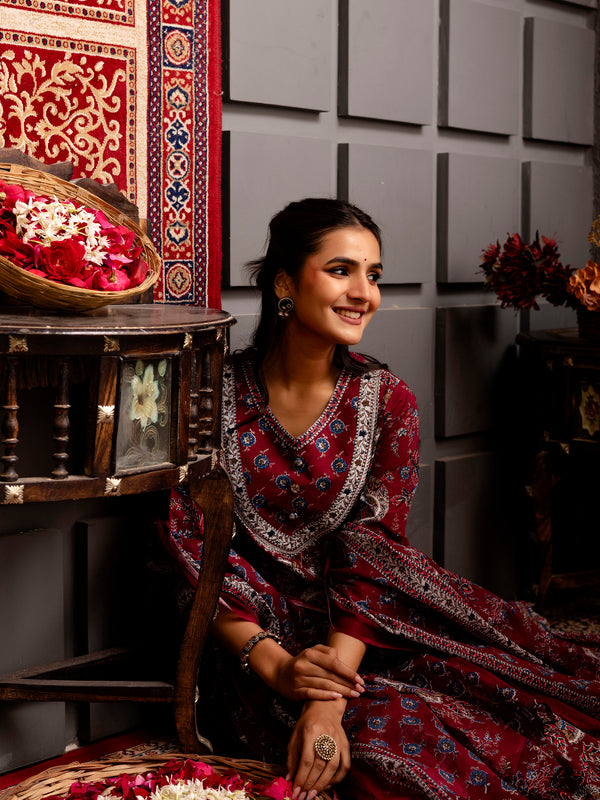 Cotton Calf Length Printed Flared V-Neck Kurta Suit Set